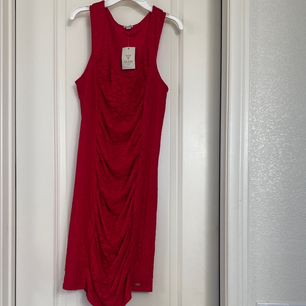 Guess Red Sleeveless Lace Dress NWT large with Ruching